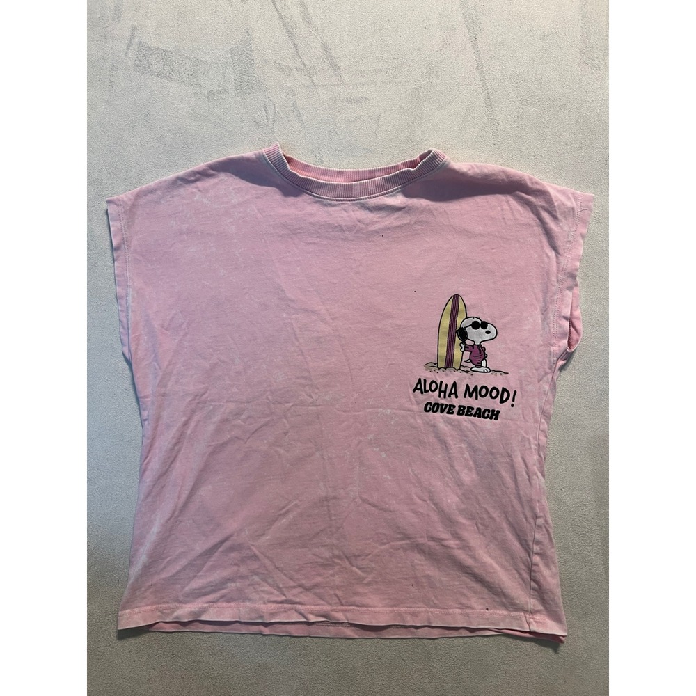 Zara Peanuts Snoopy Aloha Mood Pink Acid Wash Graphic T-Shirt Kids Size 9-10 140